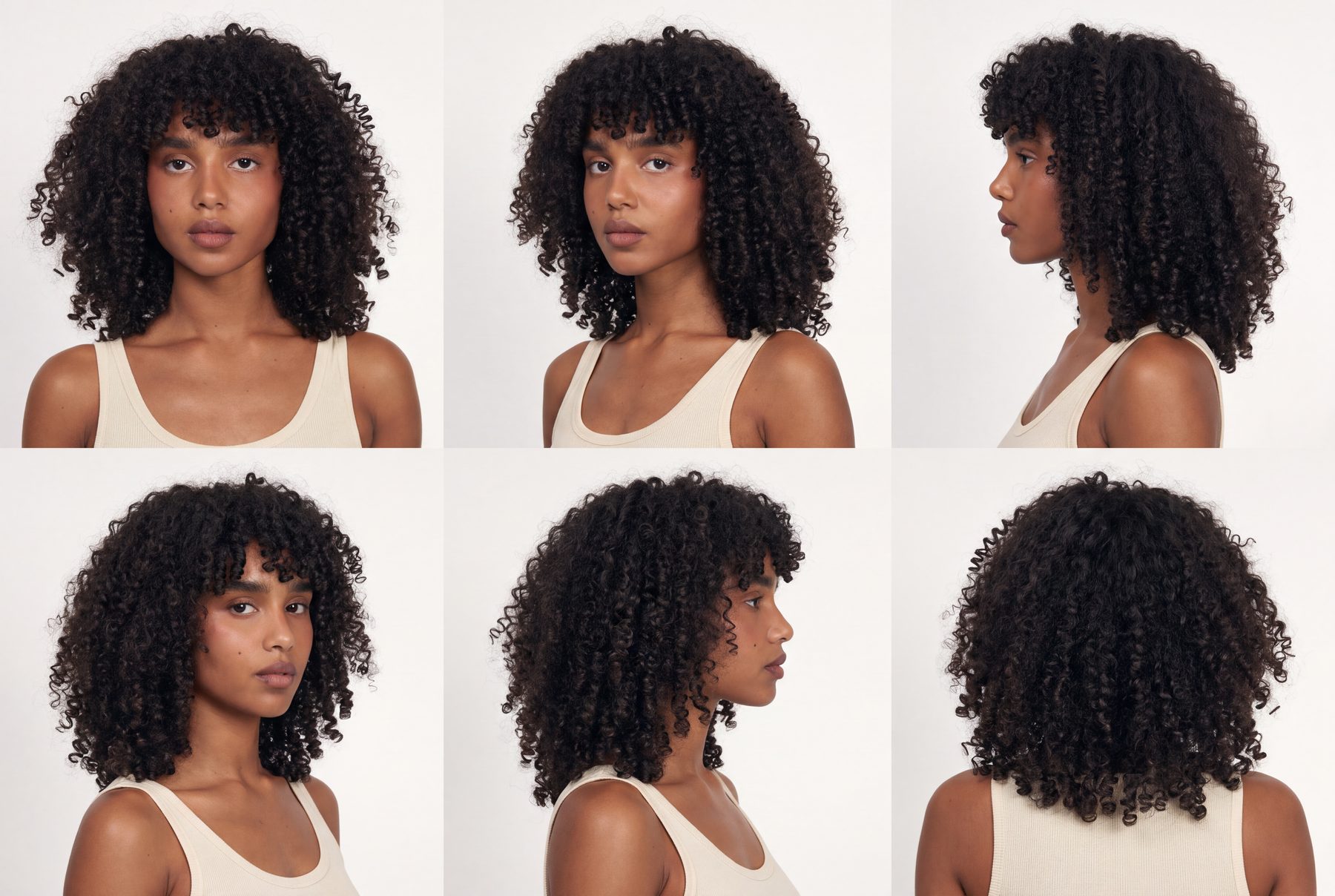 Casting sheet: model with natural curls shown from six angles