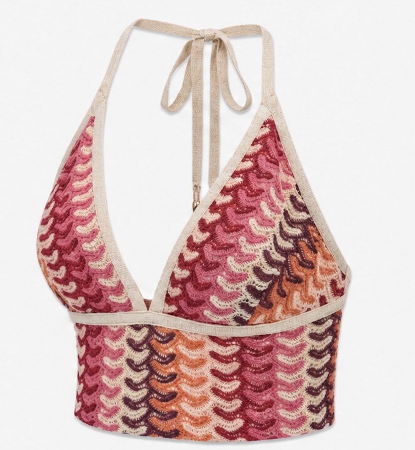 Packshot of a pink, red and orange crochet halter top